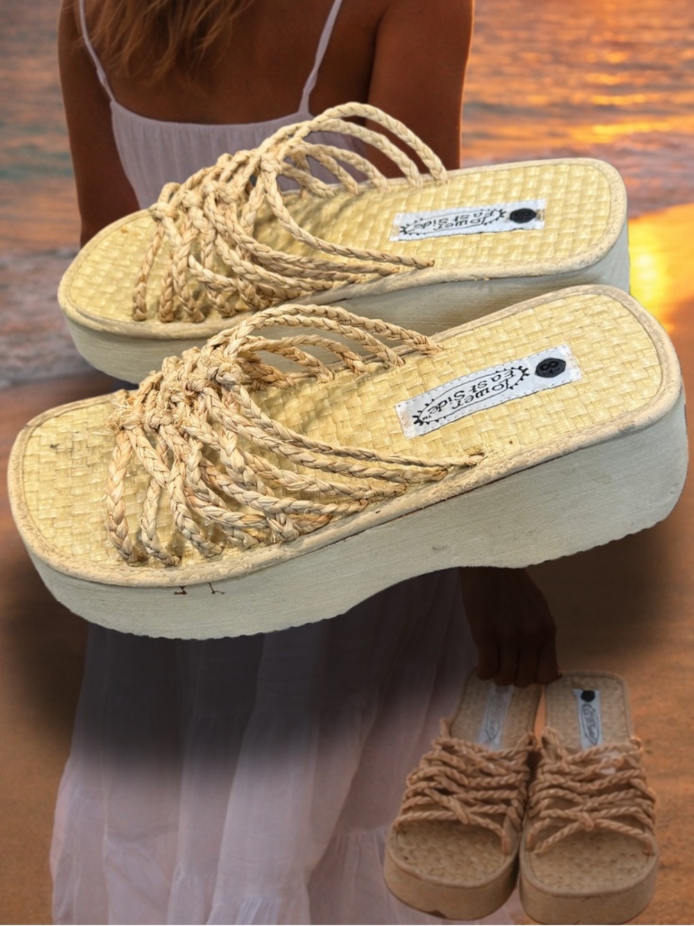 Vintage East Side Natural Woven Platform Slide Sandals Size 8 1/2
